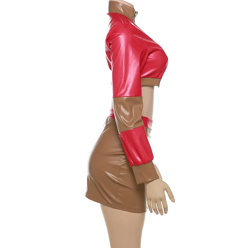 Leather Jackets 2 Piece Skirt Sets Winter Outfit Y2K Streetwear Clothes Dress Sexy Crop Tops Jacket Coats Two Piece Skirt Set