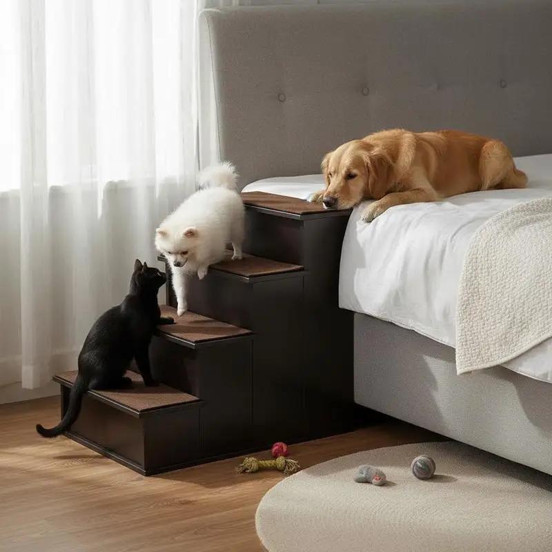 

4 Step Wooden Dog Steps Pet Stairs for Dogs, Cat Ladder for Bed Couch with Non-Slip Carpet 40 x 59 x 54.2 cm, Dark brown