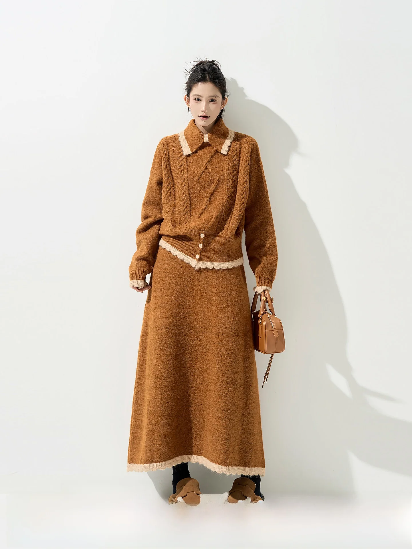 

Loose Long Sleeve Knitted Sweater Women's Style Casual Korean Loose Fit Collar Collision Color Half Skirt Set Autumn Winter