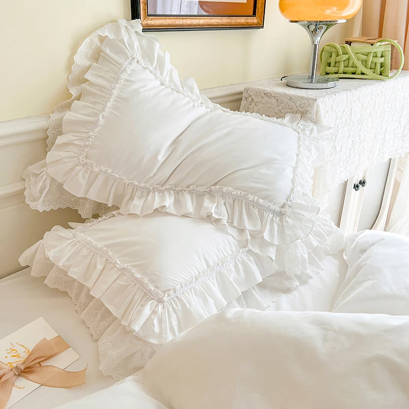 2 Pcs Luxury Double Ruffle Pillow Cover Bed Solid Pillowcase Brief Handmade Pillow Cases Home Textile Lace Decorative