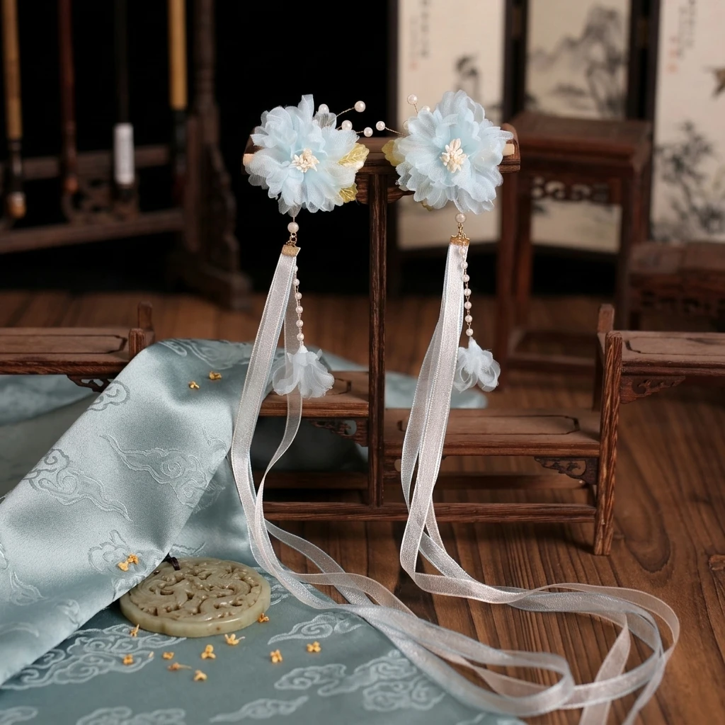 Chiffon-Blumen-Haarspangen, chinesische Hanfu-Haaraccessoires für Frauen, 2 Stück, rosa/blau, florale Quasten-Haarnadel, Retro-Perlen-Haarspangen – Detail 5