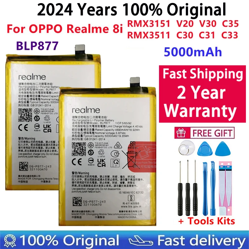 Original High Quality 5000mAh Battery BLP877 For OPPO Realme 8i RMX3151 V20 V30 C35 RMX3511 C30 C31 C33 Phone Bateria Battery