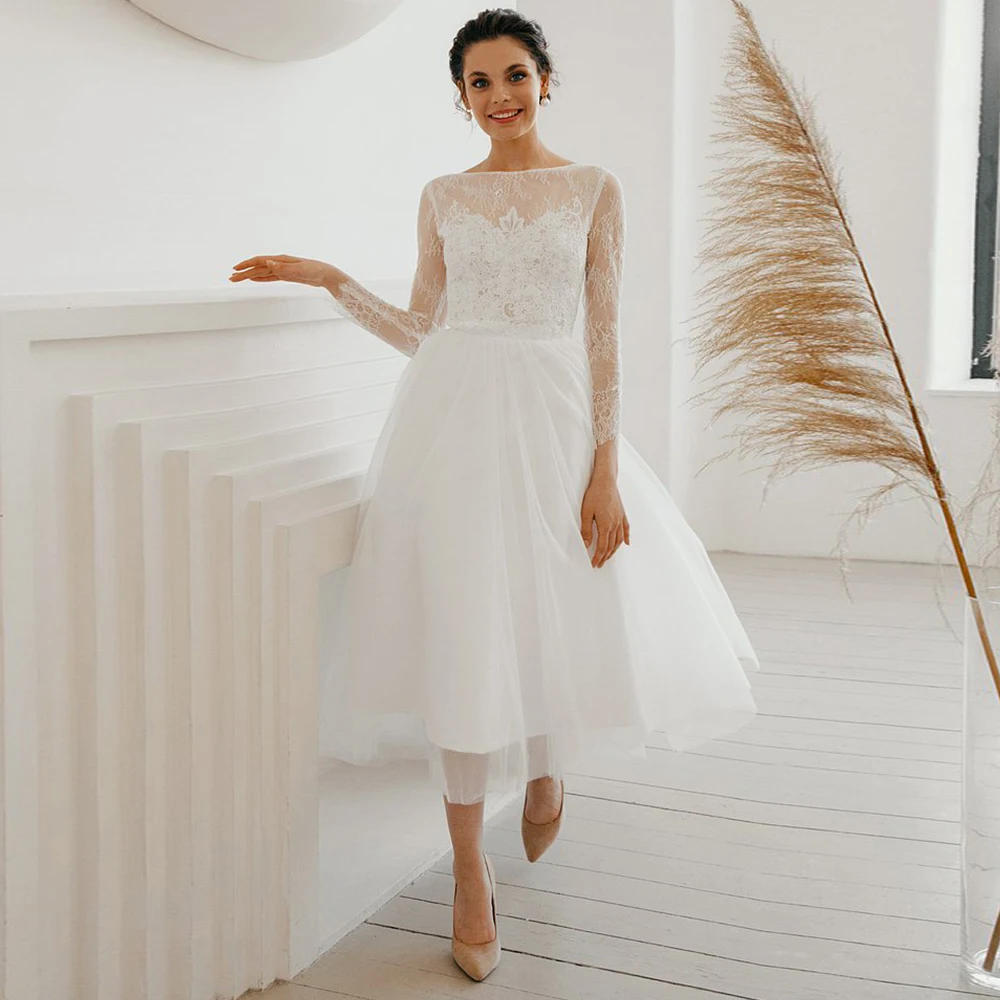 Customized Ivory Wedding Dress Lace Long Sleeves Bateau A Line Short Wedding Gown for Women Applique Pearls Tulle Bridal Dresses