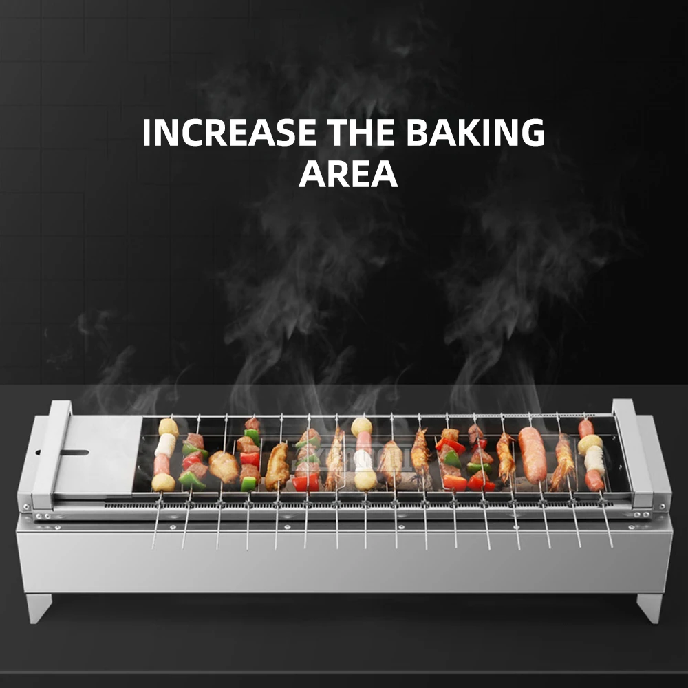 Máquina de barbacoa con tapa para exteriores, Parrilla de acero inoxidable, horno de carbono giratorio automático, Parrilla para barbacoa