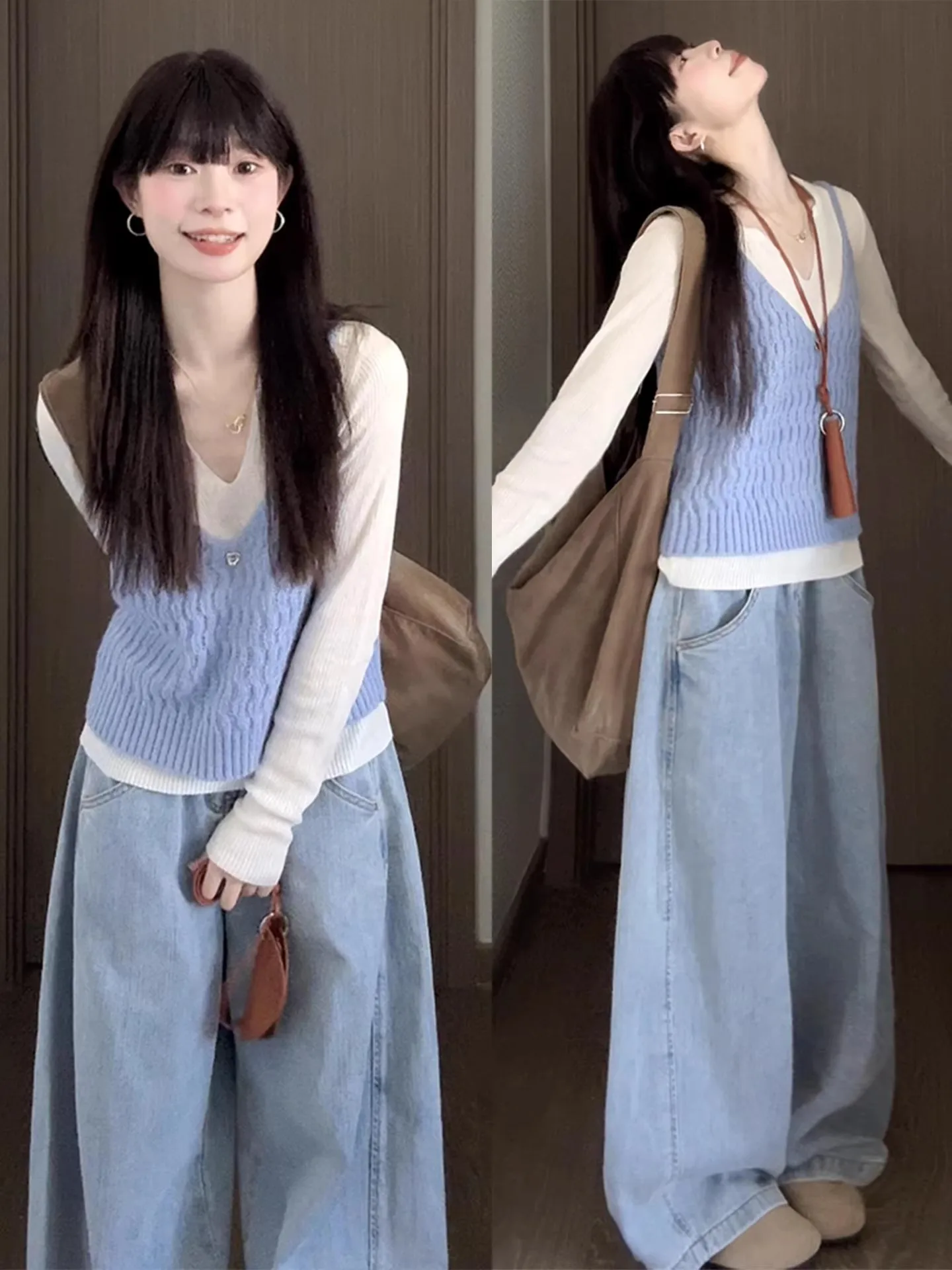 

Комплект из двух предметов: женская футболка с длинным рукавом и топ на бретельках, милый дизайн, вязаный, из мягкой полиэстеровой смеси, ранневесенний, корейский стиль, белый цвет.