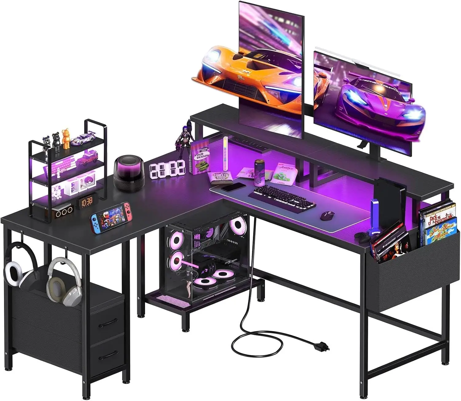 

L-Shaped Gaming Desk 48' with LED Lights, Power Outlets, Monitor Stand & Drawers, Black