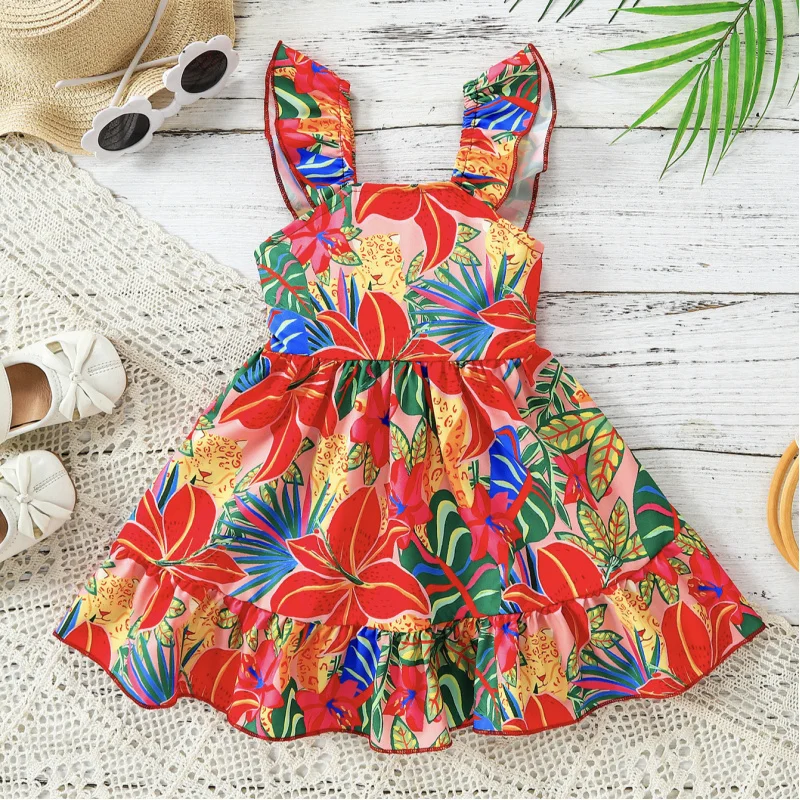 

Summer Girls' Bohemian Style Floral Print Dress with Ruffled Hem and Square Neckline for Baby Girls' Vacation and Casual Wear