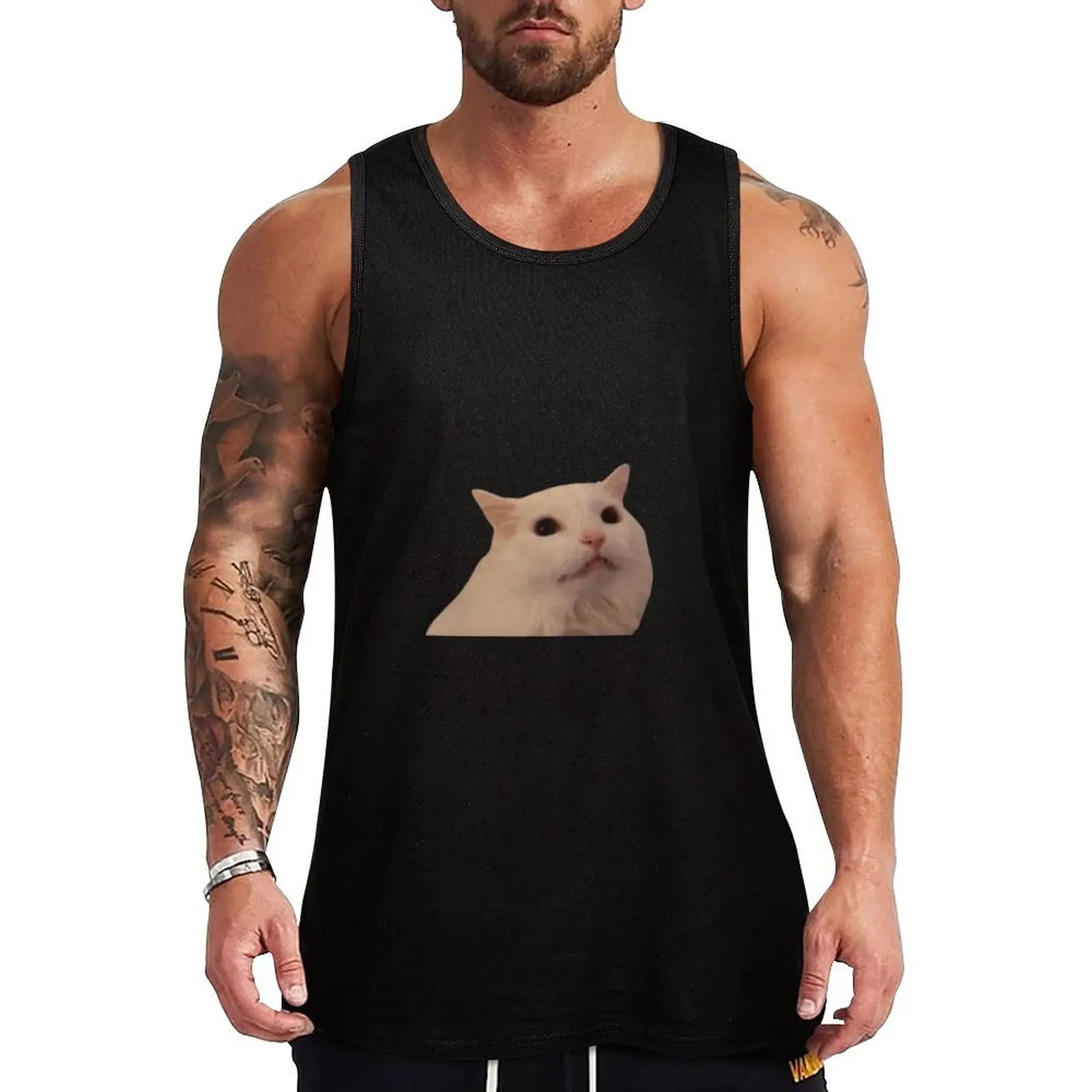 

White Cat Meowing Meme Tank Top Men's summer clothes 2025 Men's gym clothing fitness anime t-shirts