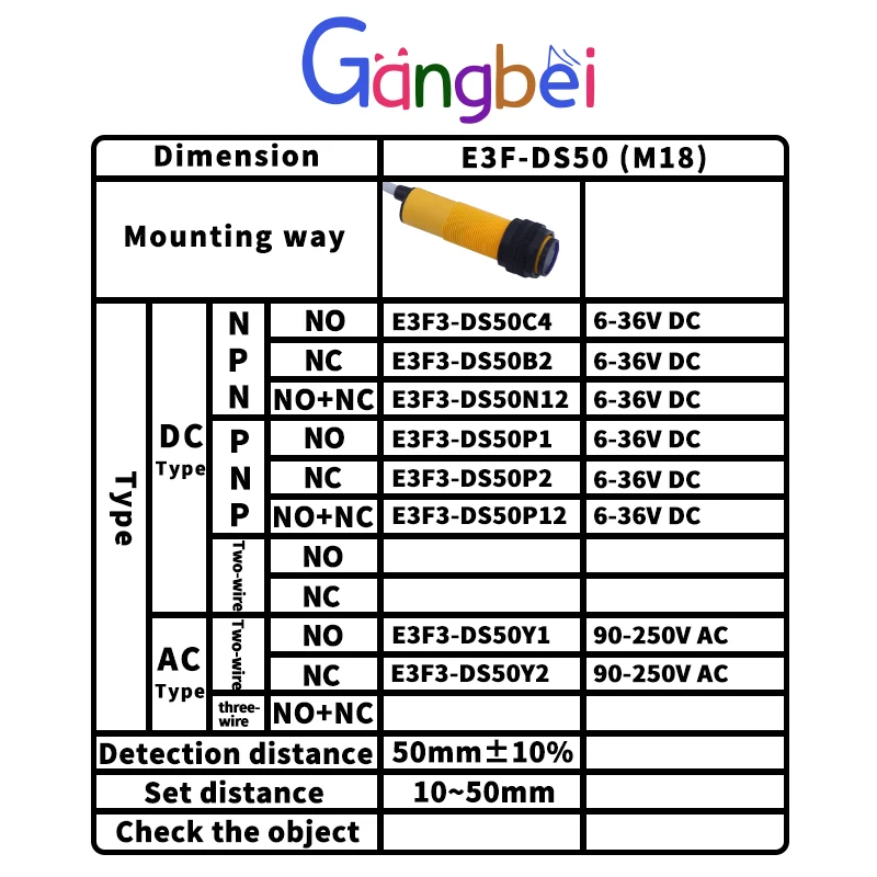 50cm E3F jenis diffuser silinder sakelar fotolistrik inframerah, sensor jarak fotolistrik E3F-DS50