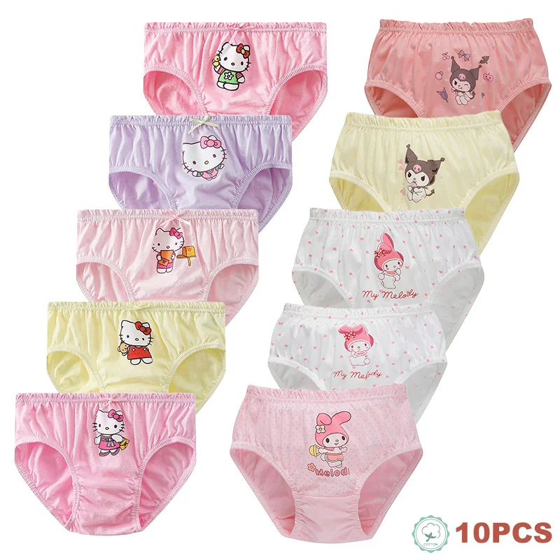 10Pcs/Set Girls Cotton Panties Cute Cartoon HelloKitty Kuromi Melody Sanrio Girls Briefs Breathable Children Triangle Underwear