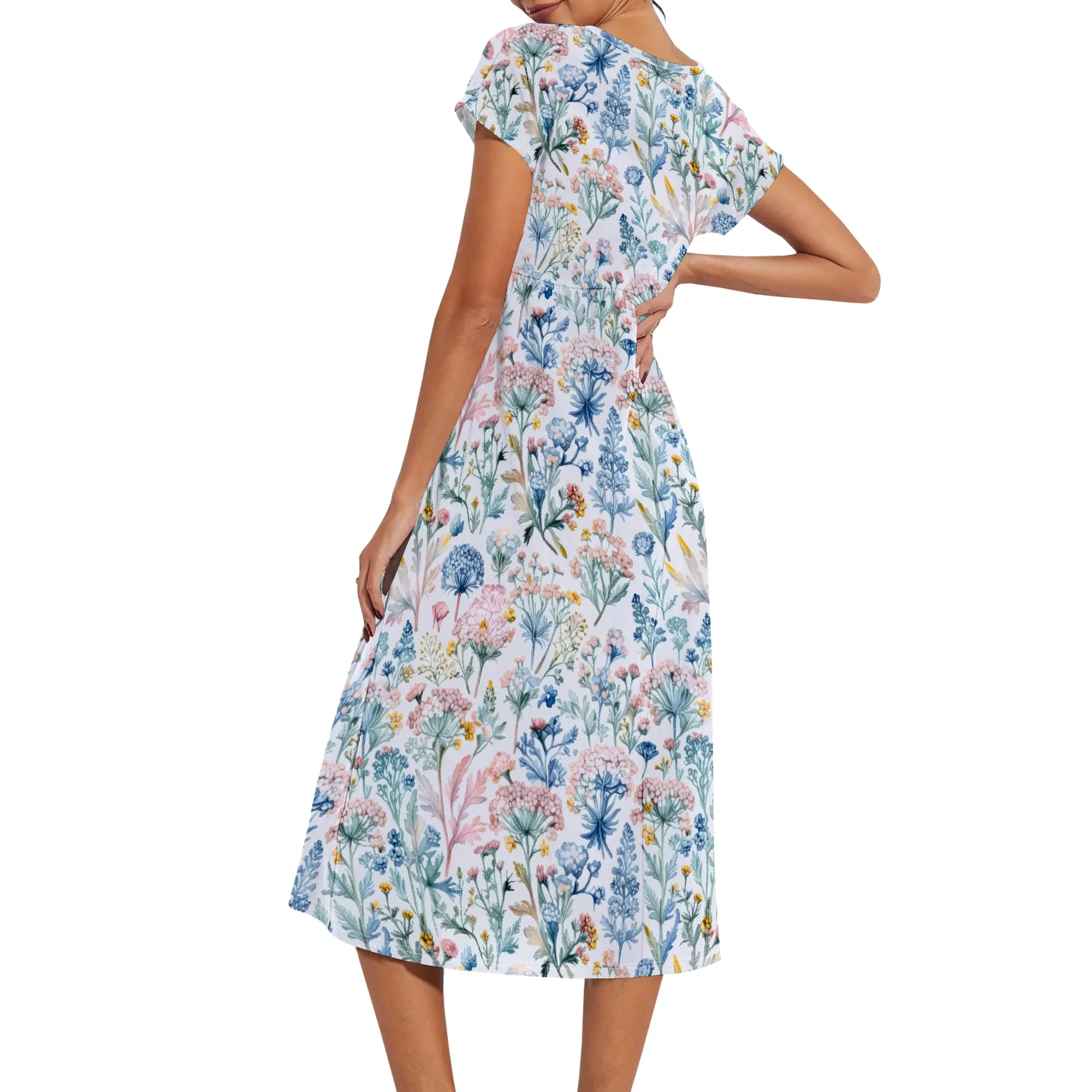 Sommer-Kurzarm-Midikleider in A-Linie für Damen, lässige Blumen-T-Shirt-Kleider, fließendes Strand-Sommerkleid mit Taschen