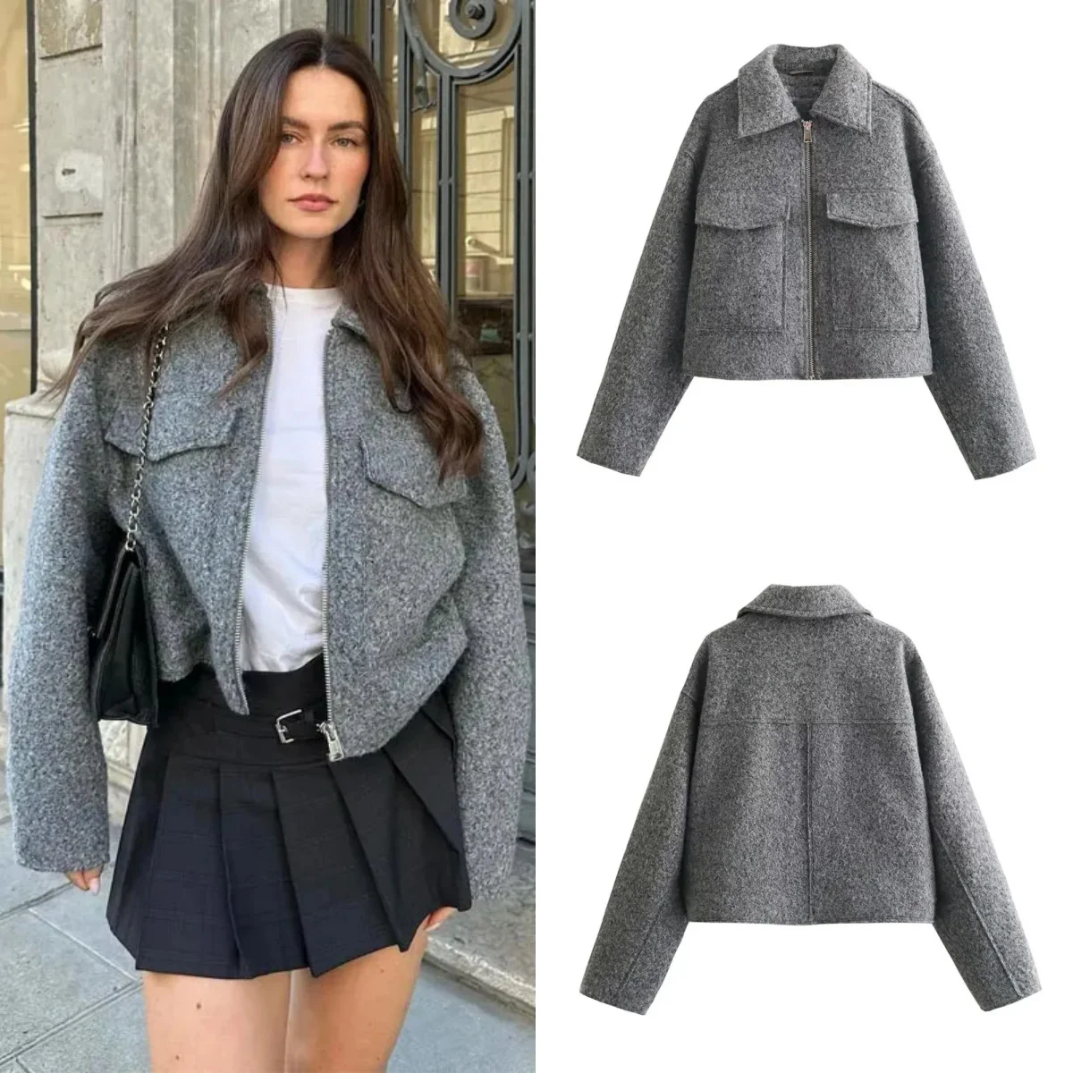 TRA&F 2024 Fashion Youth Chic Autumn Winter Cropped Jacket for Women Coats Tweed Zip Crop Demi-season coats New in outerwears