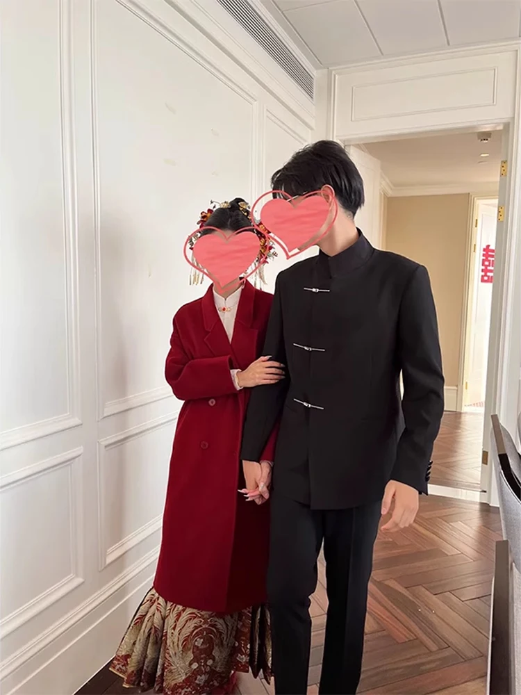 

Молодежный свадебный костюм в китайском стиле, мужской пиджак с длинными рукавами и воротником-стойкой, пальто в западном стиле, весенне-осенняя сезонная новая версия