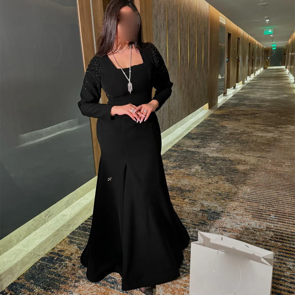 

ROYET Crystals Square Neck Full Sleeve A Line Long Pleat Long Prom Dress Floor Length Sweep Train Elegant Luxury Evening Gown