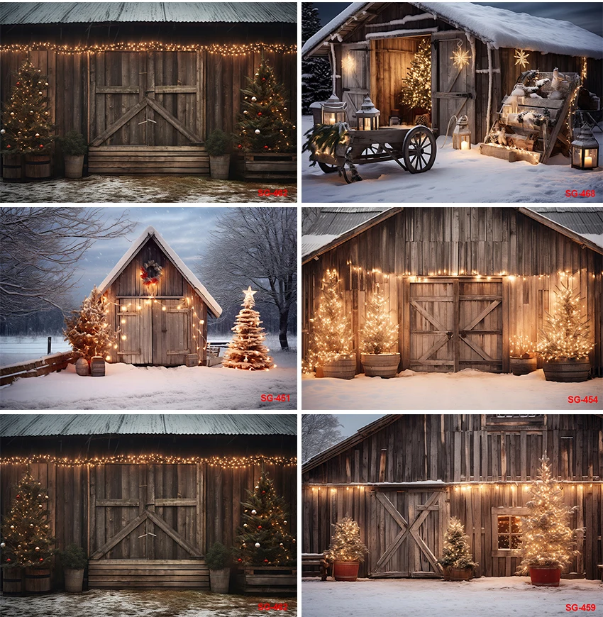 Fond de photographie de Noël d'hiver, arbre de Noël, grange en bois, décoration de portrait de neige, fond de bannière, studio photo