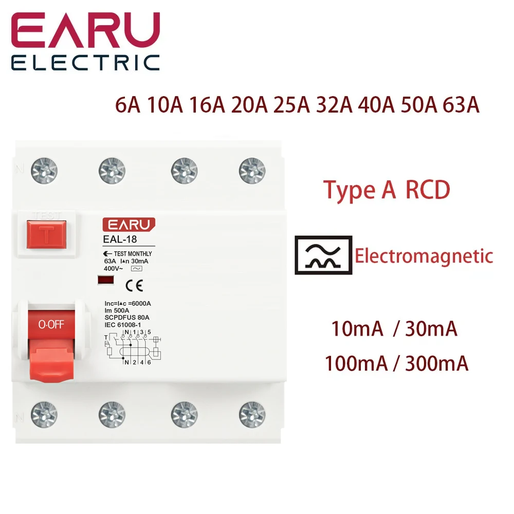 4P 32A 10/30/100/300mA Type A RCCB RCD ELCB Electromagnetic Residual Current Circuit Breaker Differential Breaker Safety Switch