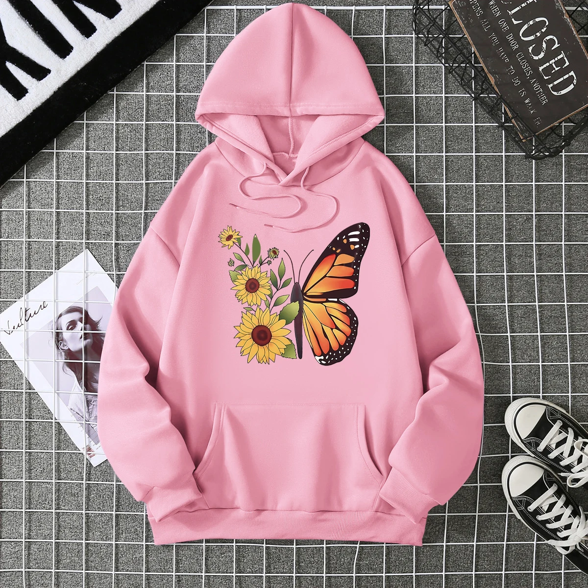 Butterfly Chrysanthemum Print Hooded Sweater Pure Cotton Loose Casual High Quality Retro Outfit Graphic Trend Hoodie Sweatshirt