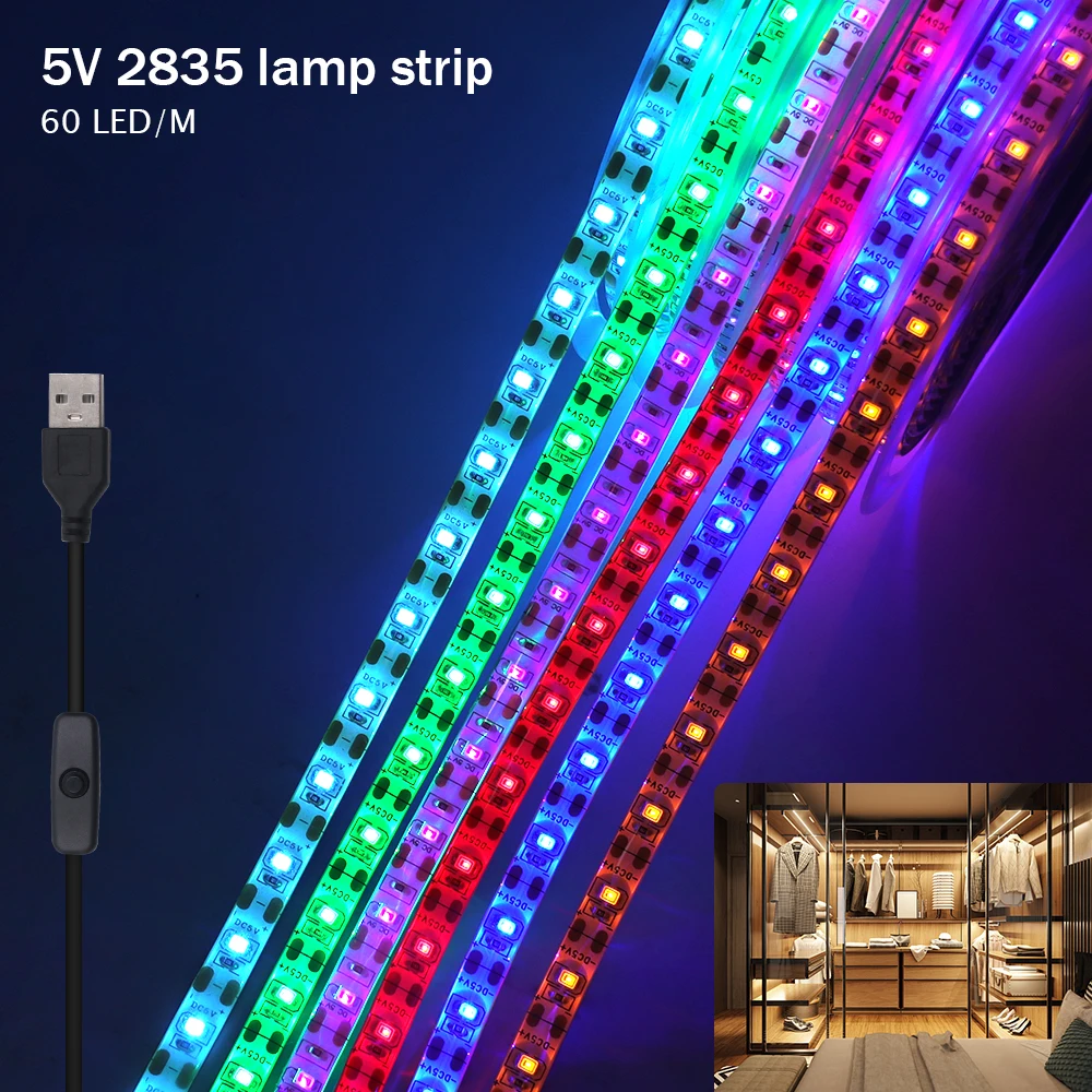 DC 5V USB LED Strip With ON/OFF Switch SMD 2835 60Leds/m Waterproof Flexible LED Tape 0.5M 1M 2M 3M 4M 5M Ribbon 9 Colors