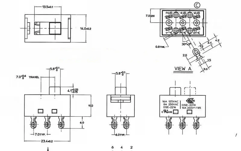 DSE-2210/DSE-2216 Гонконгский переключатель с 2 передачами, 6 футов, двойной ряд, 16 А, раздвижной выключатель питания с двумя передачами