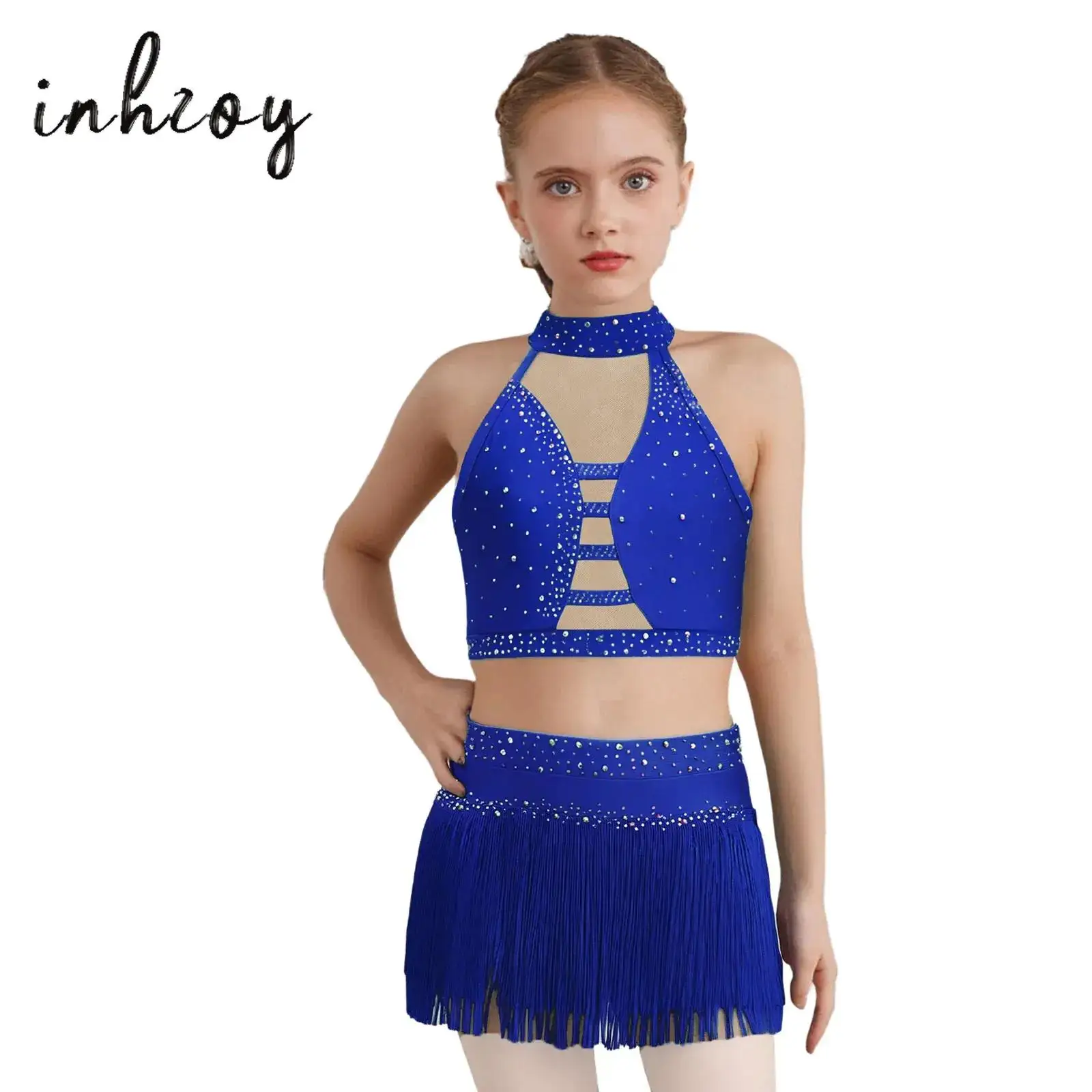 

Kids Girls Latin Dance Tops with Tassel Briefs Skirt Ballroom Tango Belly Dance Performance Costume Class Practice Clothes