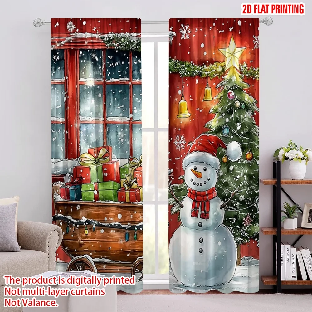 

2pcs 2D flat printing Merry Christmas Popular Curtain Snowmen and Christmas trees3 100% Polyester Without Electricity Holiday