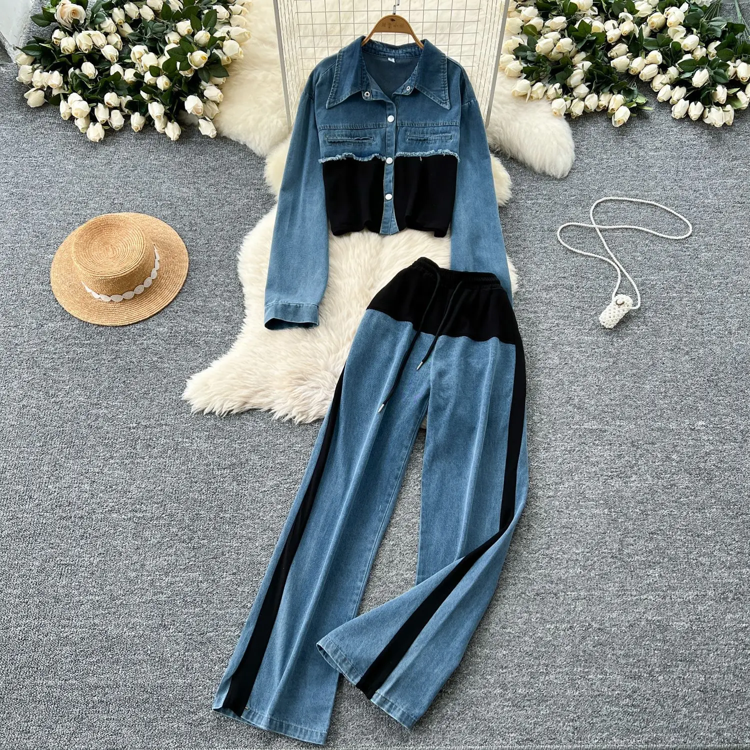 

Denim Pant Set Women Two Piece Sets Turn Down Collar Matching Sets Tops Wide Leg Long Pants Lace Up High Waist Y2k Streetwear