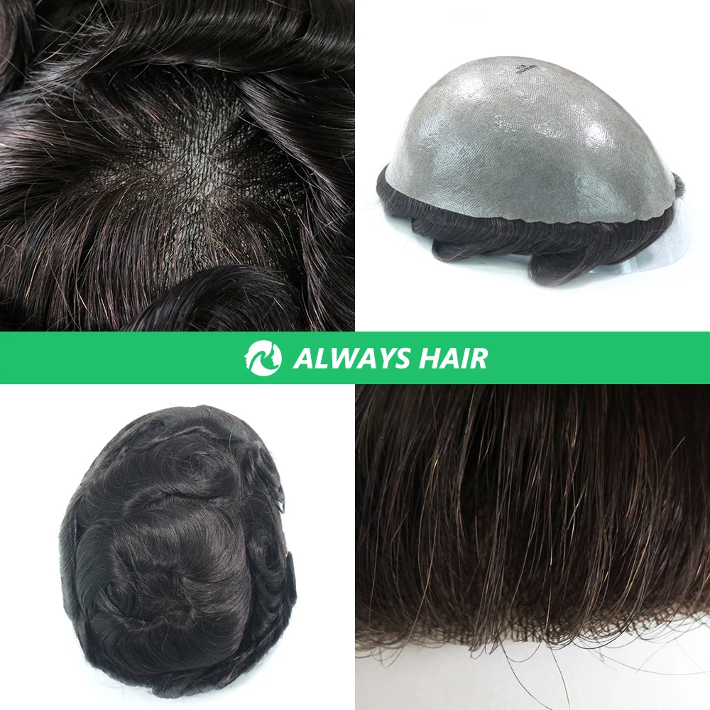 Men Toupee 0.12-0.14mm Skin PU Base Indian Human Hair Natural Wave 130% Density Hair Replacement System for Hair Loss