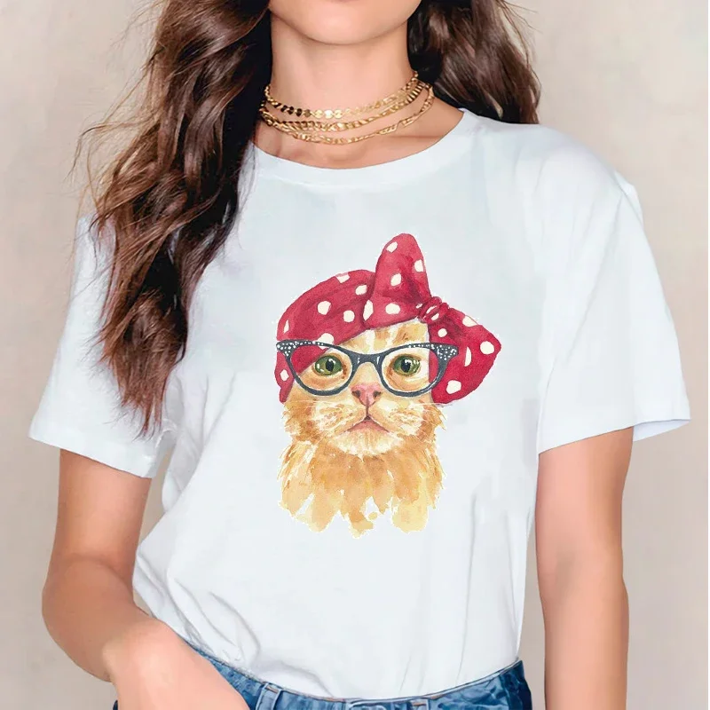 Lovely Cat Cartoon Animal Protection Fans Women T-Shirt Two-dimensional Comics Harajuku 90s Clothes Top Short Sleeve Tees