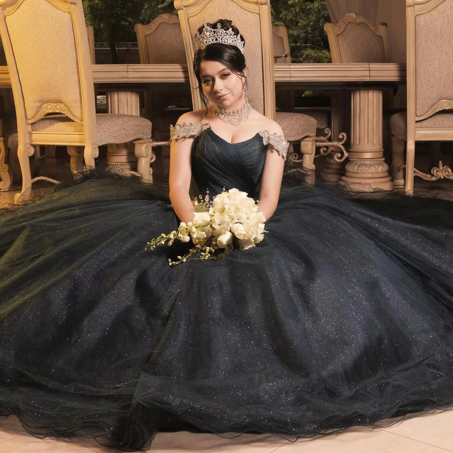 فستان أسود لامع Quinceanera Dresse 2022 للفتيات 16 الكريستال الأميرة الكرة ثوب حفلة عيد ميلاد حفلة موسيقية فستان vestidos de 15 años