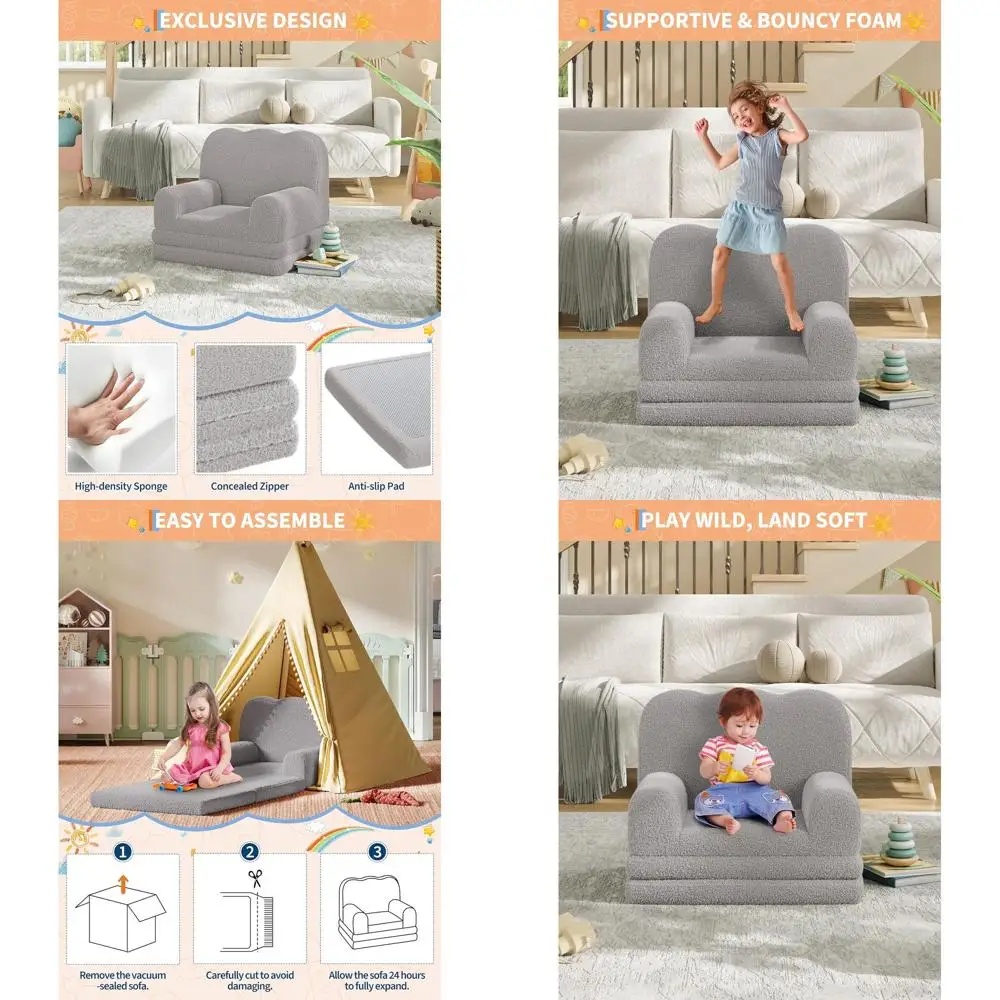 

Convertible Toddler Couch with Sherpa Cover, Foldable Sofa to Lounger, Comfortable Kids Chair, Unisex Gray Wavy Design