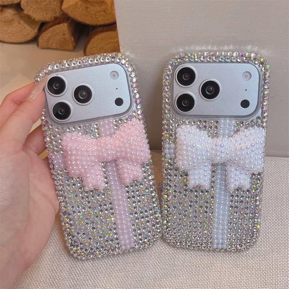 Luxury Dreamy Aurora 3D Pearl Bow Iridescent Rhinestone Case for 17 Pro Max Bead Wrist Strap Protective Cover for iPhone 16-13