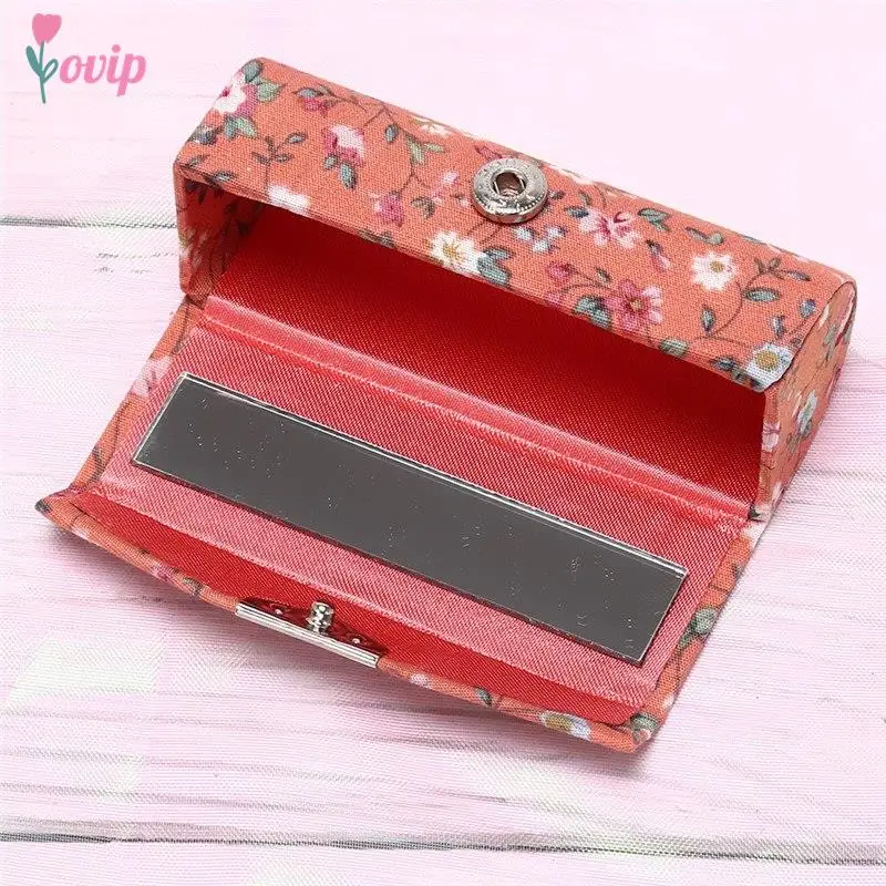 Women Makeup Storage Box Lipstick Box With Mirror Flower Printing Single Lipstick Storage Case Cosmetic Bags