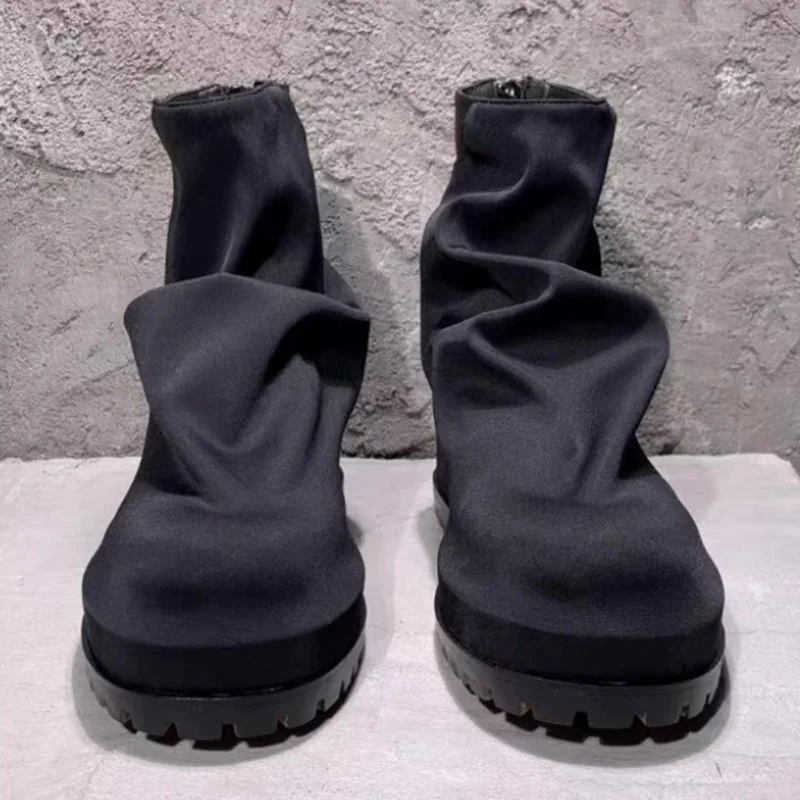 Autumn Back Zipper Folded Canvas Boots Mens High Top Shoes Platform Shoes Black Thick Soles Height-increasing Men's Boots