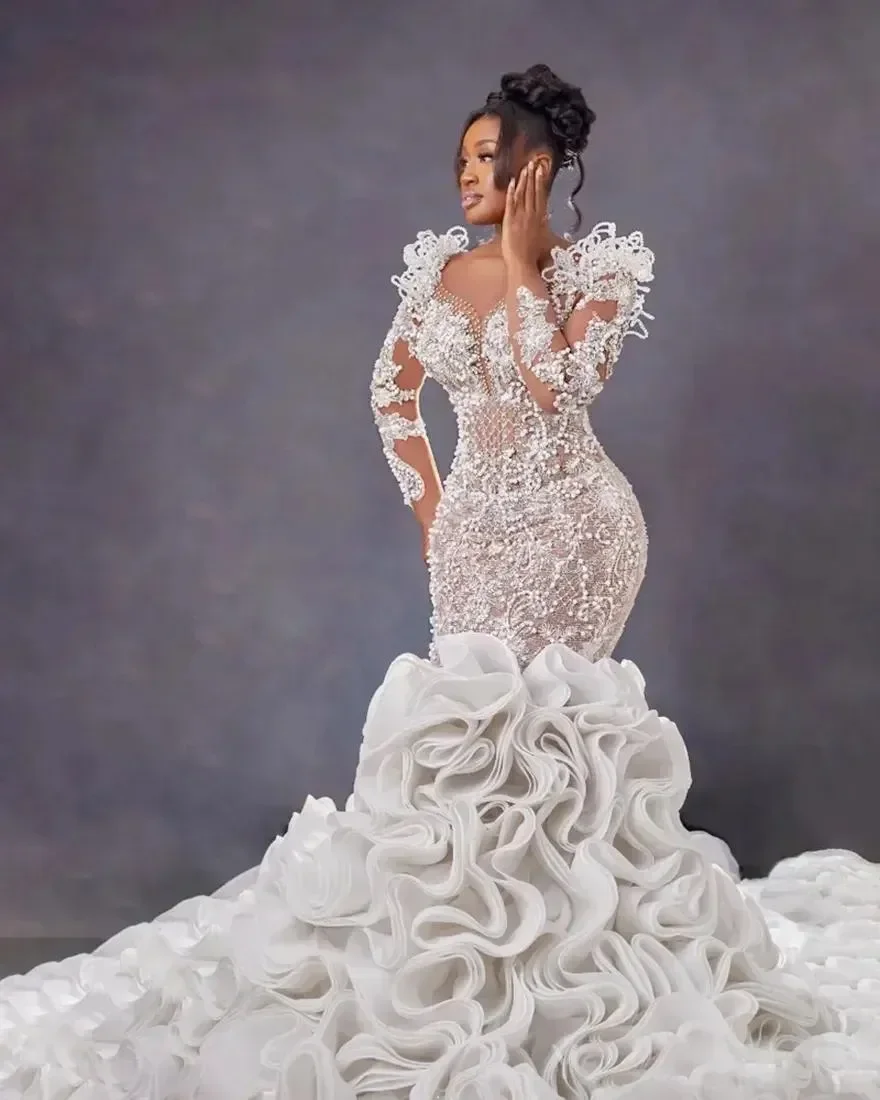 

Luxurious Mermaid Lace Pearl Decal African Nigerian Wedding Dress Sexy V-Neck Long Sleeved Plus Size Bridal Gown Customized
