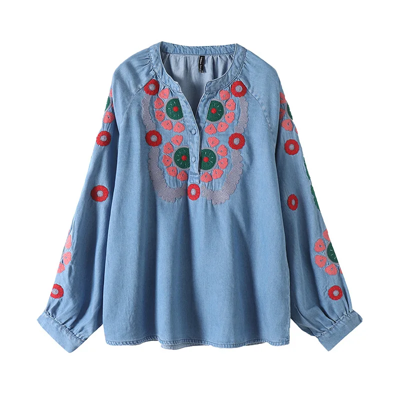 

2025 Summer New Retro Artistic Loose Casual Versatile Denim Ethnic Style Long Sleeved Shirt for Women Womens Tops
