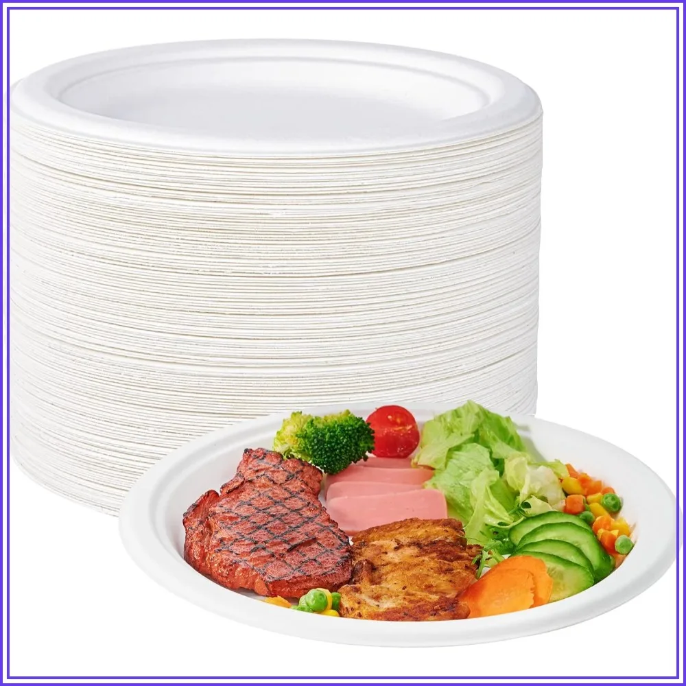 150 Pack 10 Inch Heavy Duty Compostable Paper Plates, Biodegradable Sugarcane Bagasse Disposable Plates for Dinner Party, White