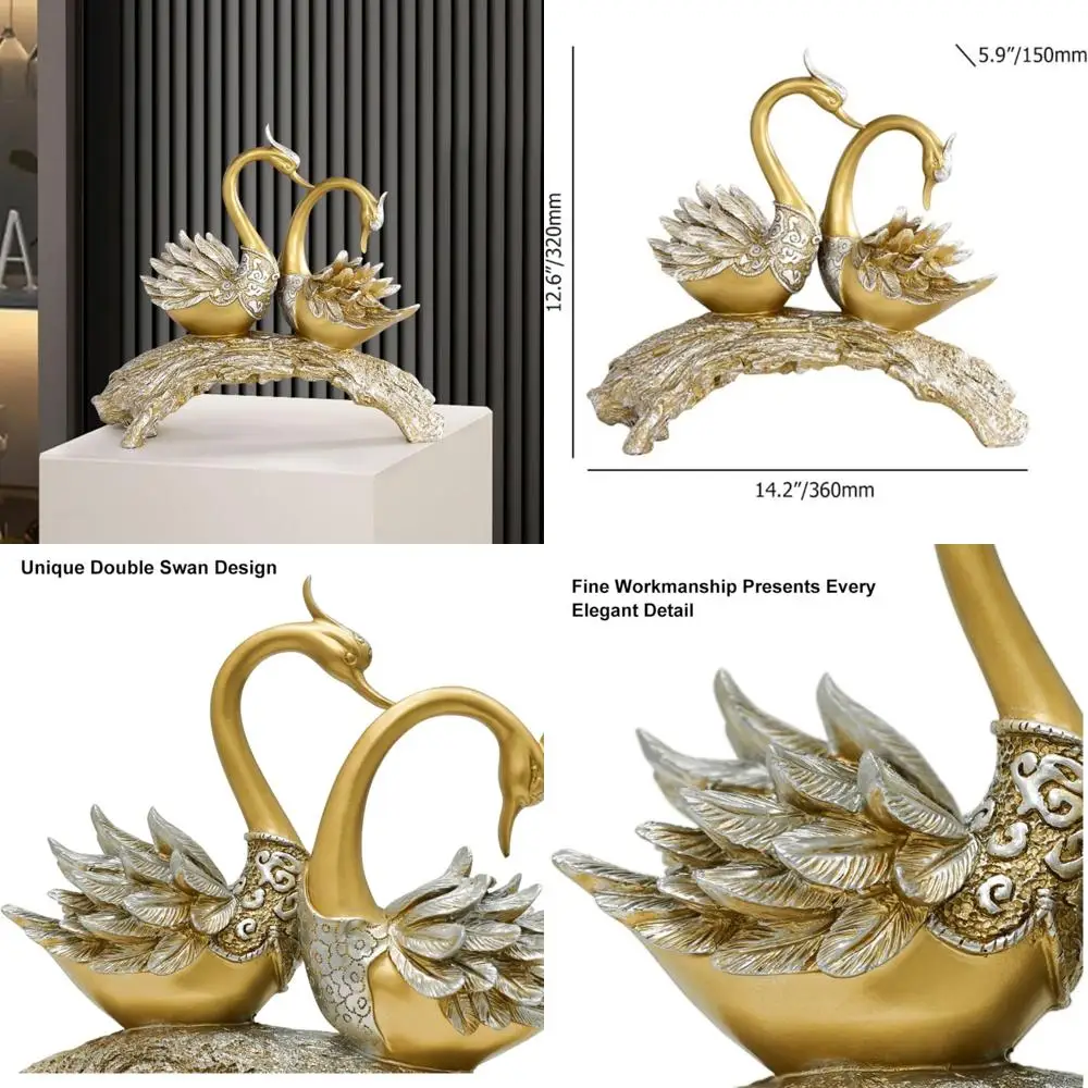 

Modern Gold-Tone Swan Figurine - Elegant Animal Sculpture Art for Home Decor Table Centerpiece Statue