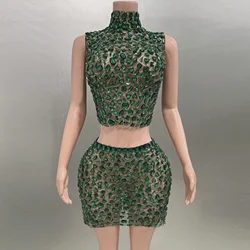 Flashing Rhinestones Green Color Sexy See-Through Tops Sheath Mini Skirt 2 Pieces Sets Evening Party Nightclub Singer Stage Wear