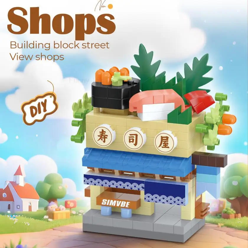 Grappige bibliotheek Snoepwinkel Dierenwinkel Brood Straatzicht Koffieshop Stad Miniatuur Kleine bouwstenen Ornamenten Winkel DIY Speelgoed