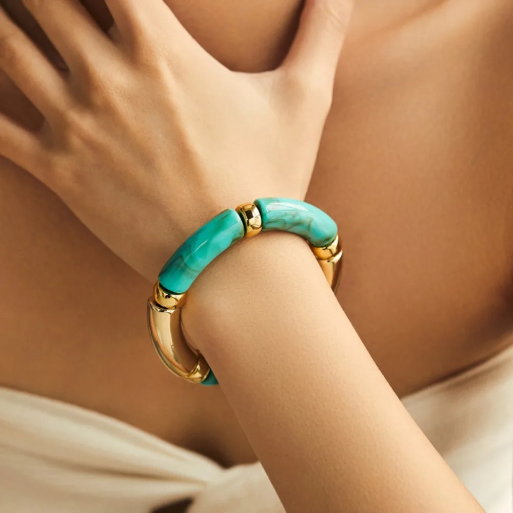 Fashion Acrylic Leopard Bracelets Beaded Wristband Bohemia Style Bracelets Stretchy Hand Jewelry Curved Tube Bangle Women