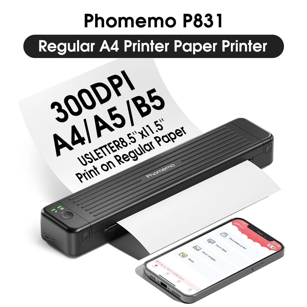 

Phomemo P831 Portable Printer Bluetooth A4 Paper Printer Support Regular Copy Paper Inkless Wireless Thermal Transfer Printer