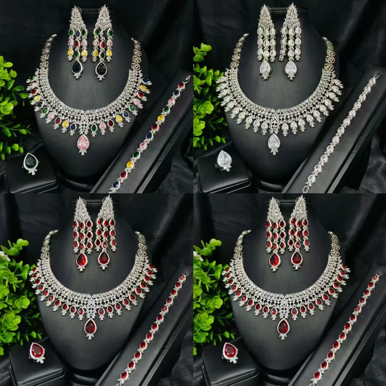 

2024 Popular 4-piece Cubic Zirconia Droplet Colored Crystal Bridal Wedding Set Women's Rhinestone Bridal Necklace Jewelry Set