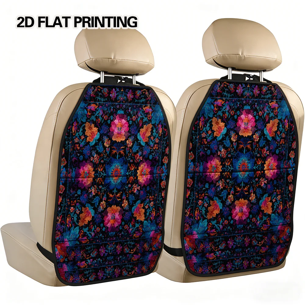 2D Flat, 2pcs Backseat Car Organizer Mats, Multi-Compartment Pocket Layout, Elegant Bohemian Floral Pattern Design, Neatens Car