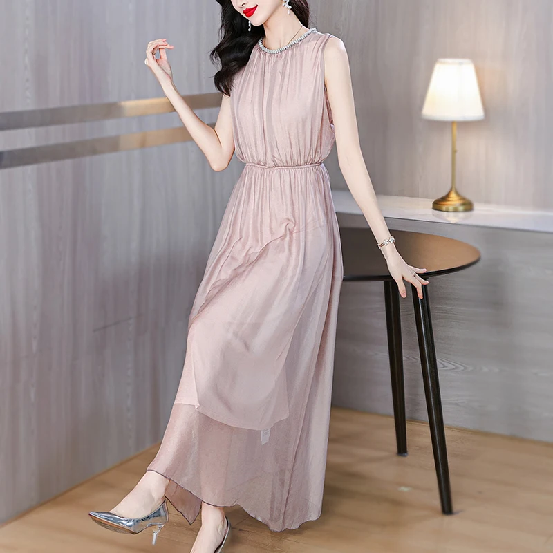 2024 Summer New Silk Sleeveless Dress Women's Satin Solid Color Paste Diamond Mulberry Silk Waist and Knee length Long Dress