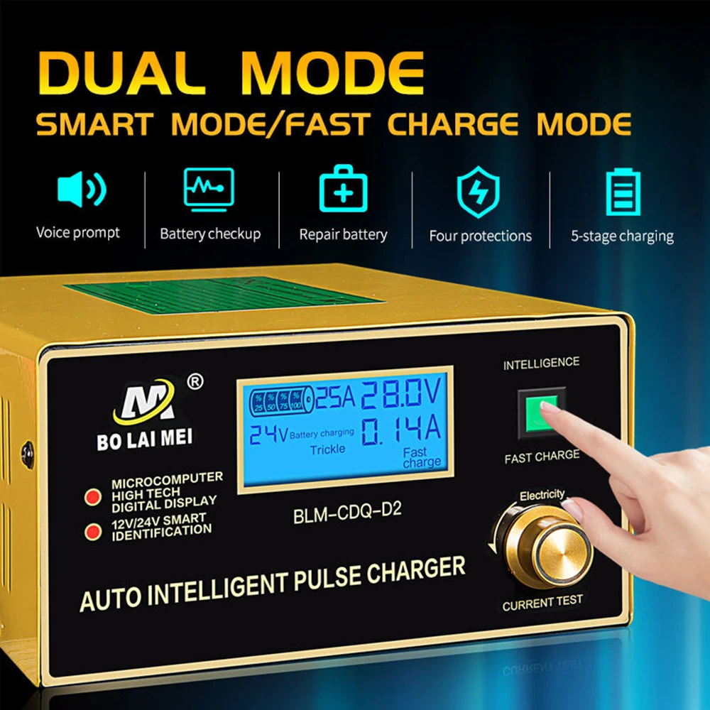 Fast Charging 25A Automotive Battery Charger 12V 24V Smart Battery Maintainer Trickle Charger for Car Motorcycle Boat Marine