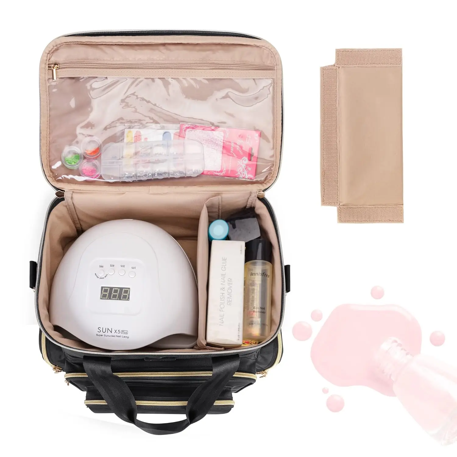 70本のボトルスロットとネイルドライヤーを備えた二層ネイルポリッシュオーガナイザー、取り外し可能なポーチとツール収納付き、ブラック