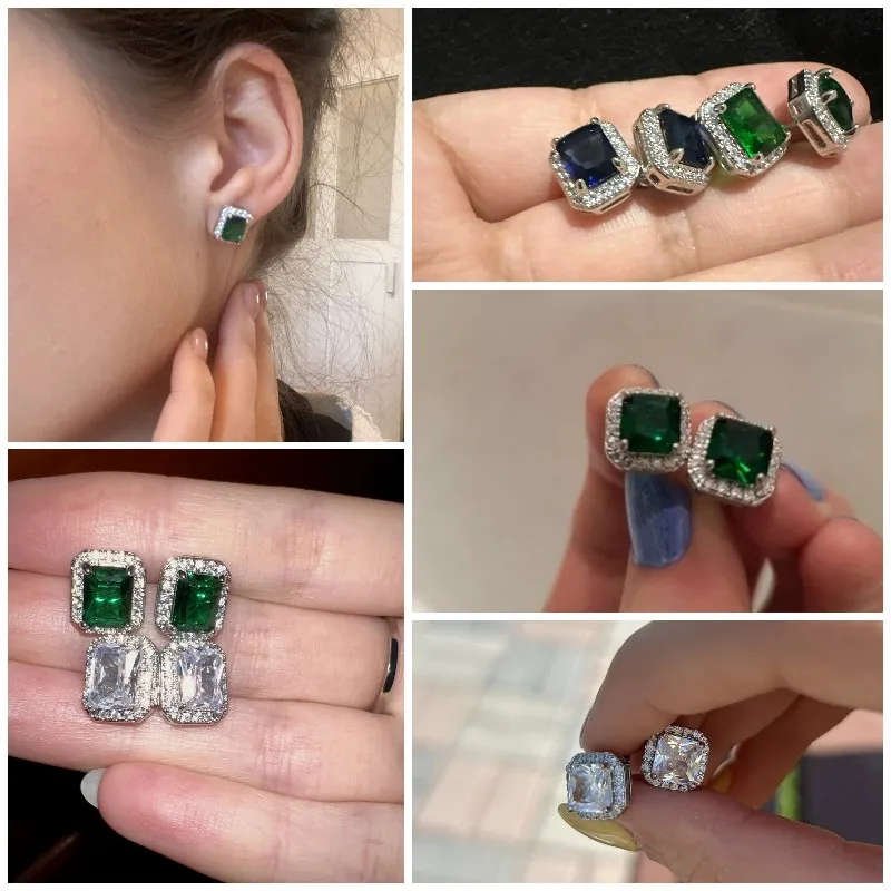 Huitan Gorgeous Green Cubic Zirconia Stud Earrings for Women Noble Wedding Party Earring Nice Birthday Gift Lady Fashion Jewelry