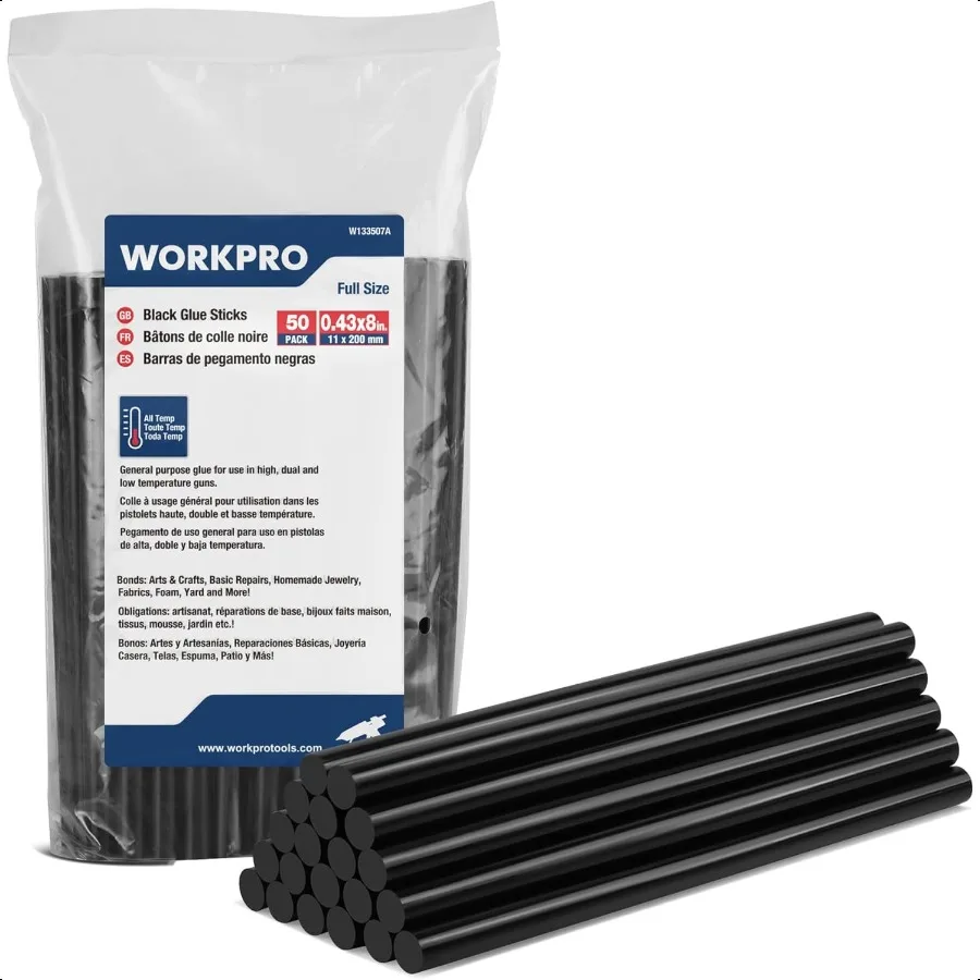

WORKPRO Hot Glue Sticks Full Size 50Pack 0.43x8 Inches Black Hot Melt Sticks for AllTemp Glue Guns Multipurpose for DIY Craft G