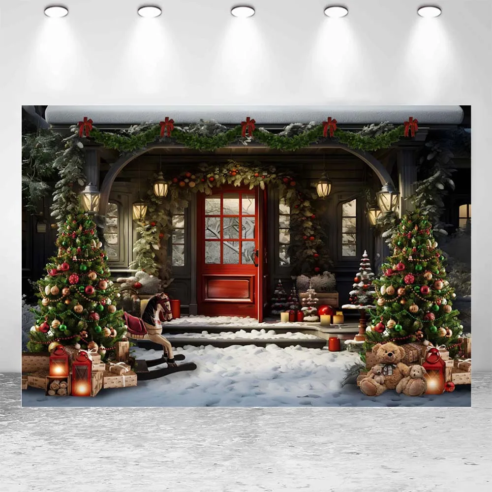 Mocsicka Winter Christmas Backdrop Red Door Xmas Tree Snowfield Outdoor Kids Portrait Photography Backgrounds Photo Studio Props
