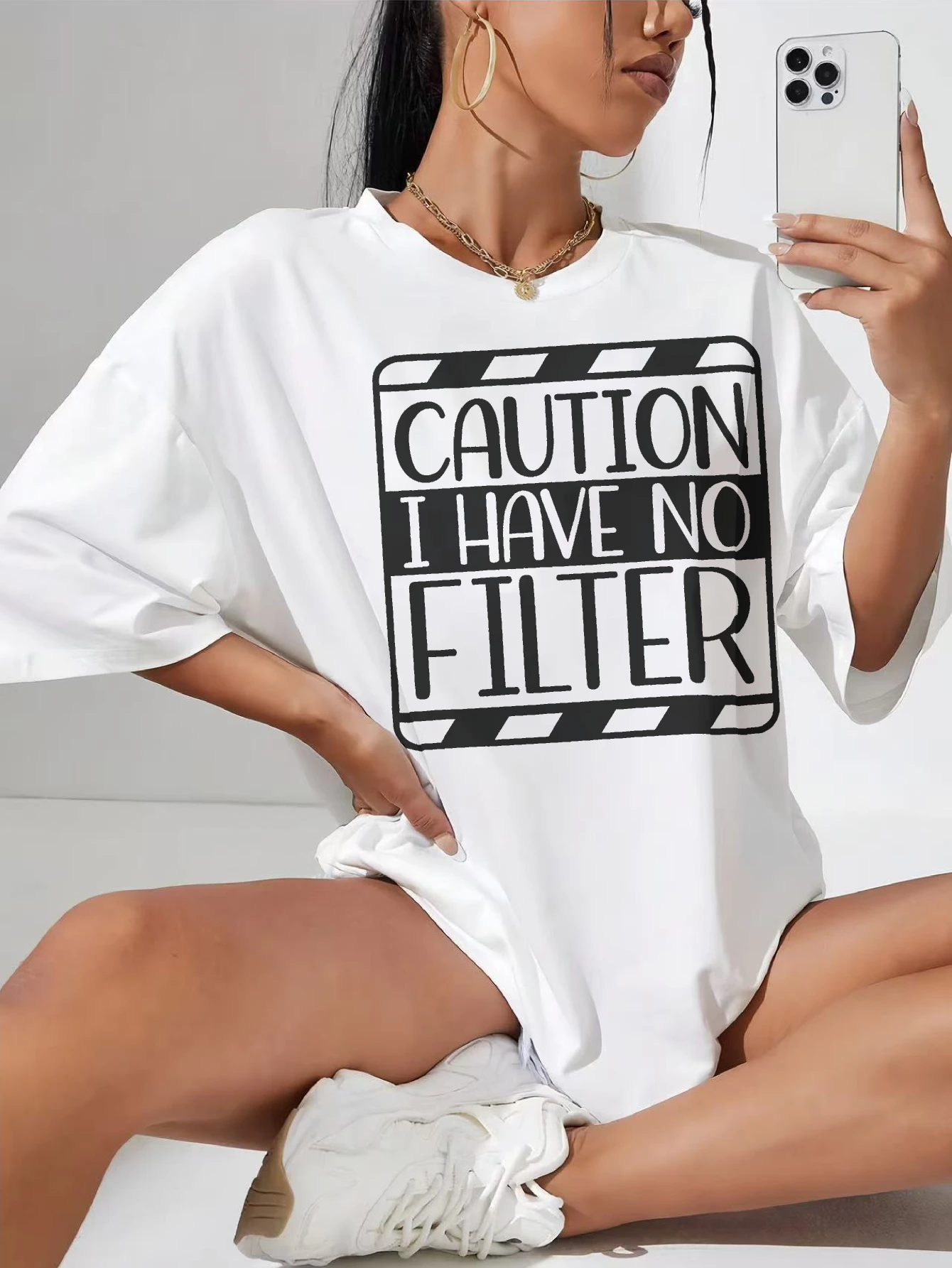 

Caution I Have No Filter Fashionable White T-Shirt for Women Loose Fit Comfortable Ideal for Summer Maternity